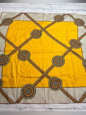 VTG Beige Silk Scarf w/ Gold Panels and Brown Hand Rolled Trim.